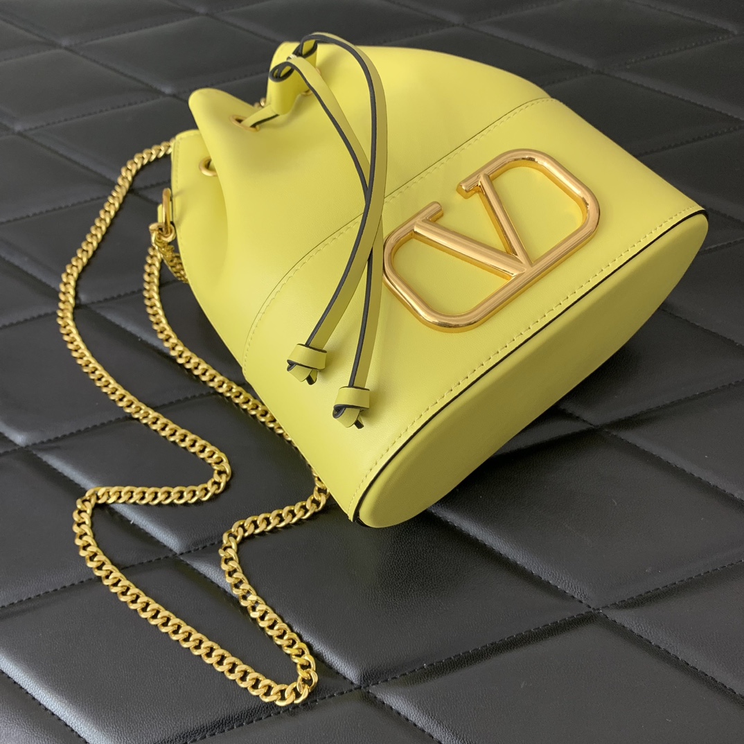 Valentino Garavani VLogo Signature Mini Bucket Bag in Yellow Nappa Leather 